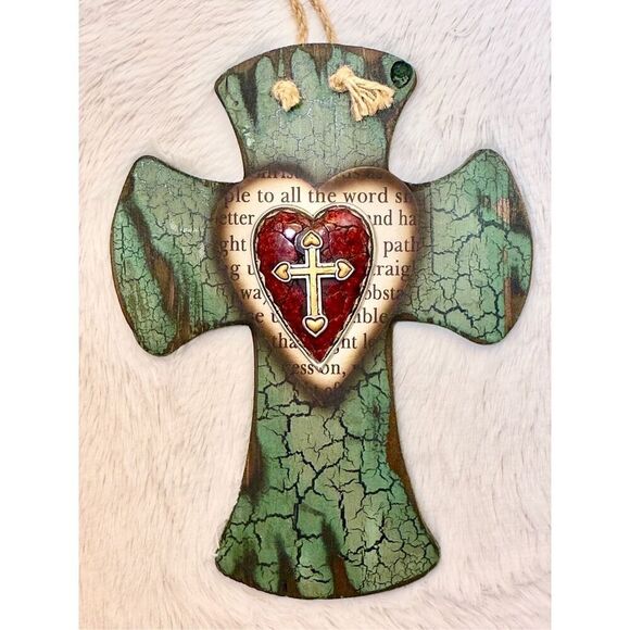 NWOT Montana West 3-D Crackled Green Scripture Heart Wall Cross - Picture 11 of 11